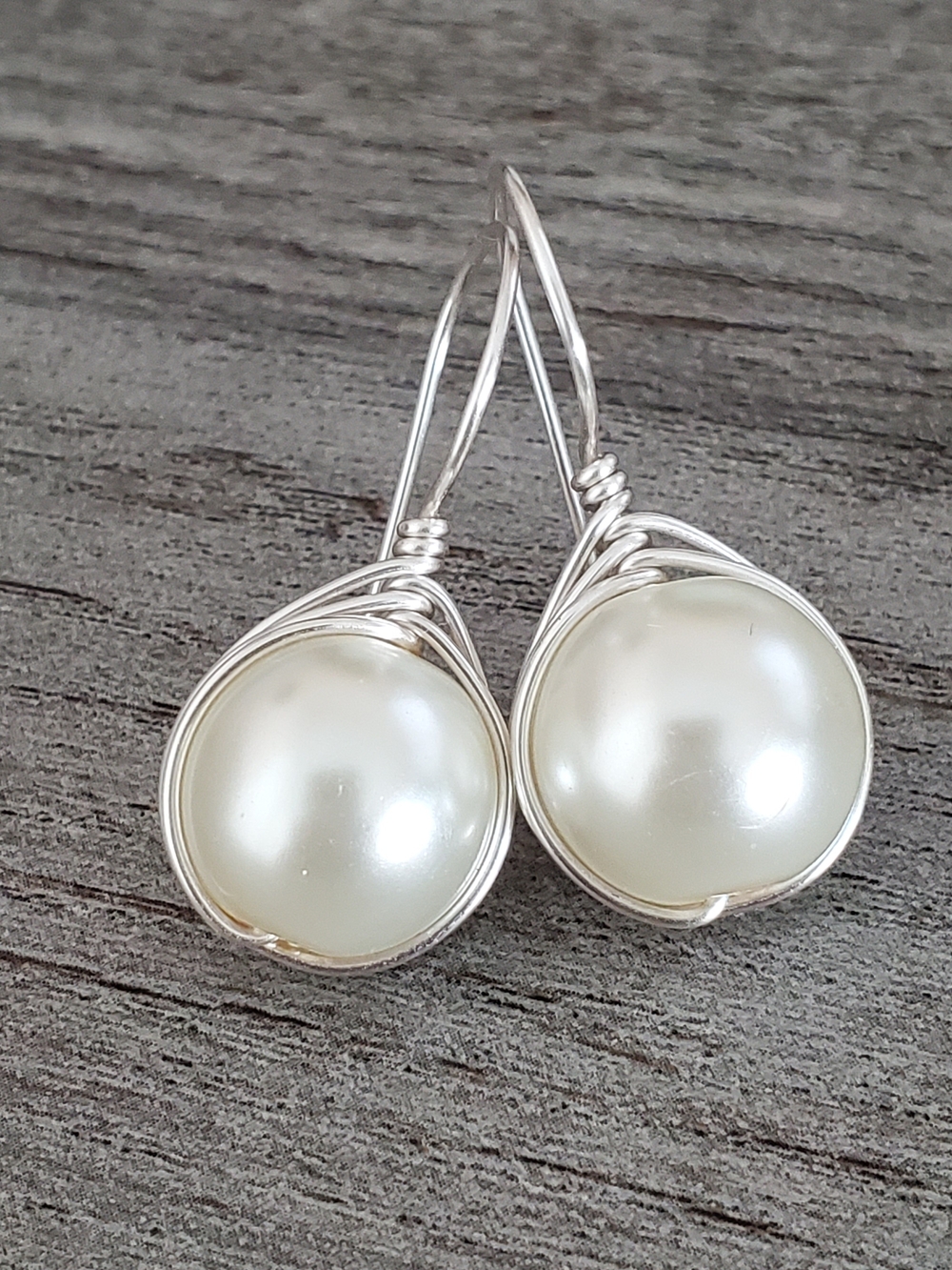 Silver Pearl Drop Earrings - White Pearl Wire Wrap